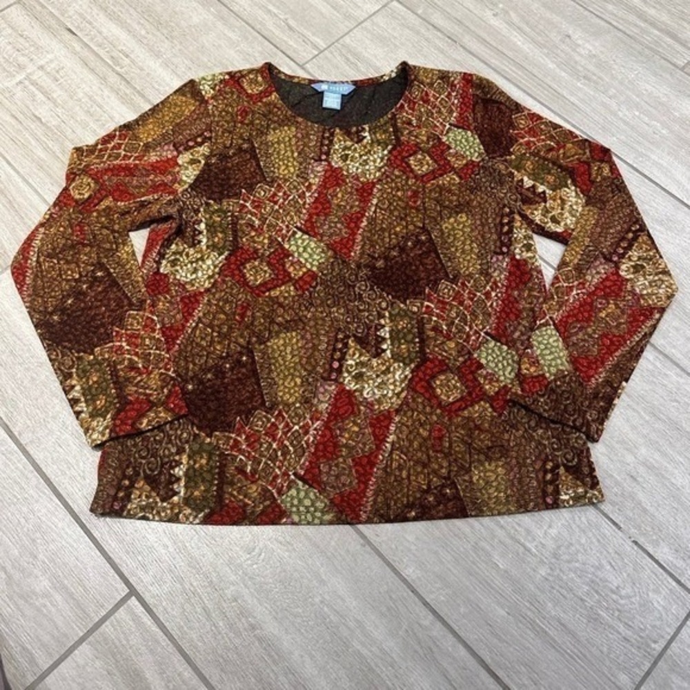 Koret Womens Large Top Multicolor Geometric Patchwork Long Sleeve Earthy Boho